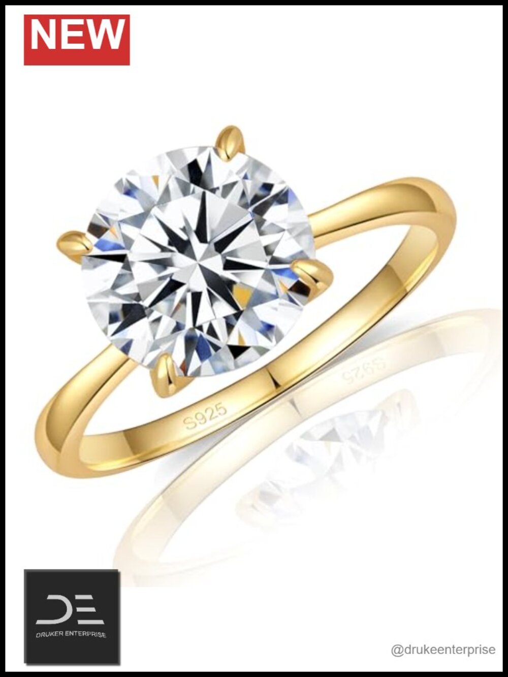 Moissanite Engagement Ring S925 Sterling Silver 18K Yellow Gold Plated Round